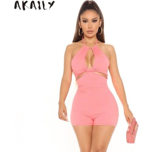 Akaily Summer Streetwear Solid Sleeveless Rompers Halter Backless Bodycon Short Jumpsuit Female Hollow Out Slim Playsuit 2021