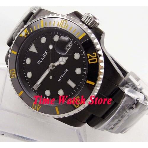 Bliger 40mm Miyota 8215 PVD Coated Automatic Watch For Men Sapphire Glass Black Dial Date Luminous Ceramic Bezel Cyclops