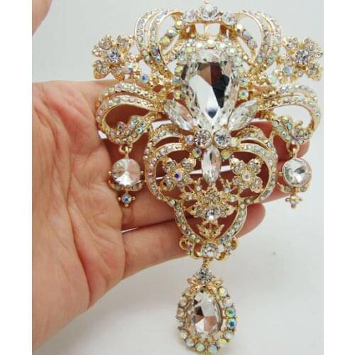 New Luxury Bride Brooch Pin Flower Drop Bride Bridesmaid Wedding Clear AB Rhinestone Crystal Brooches Pin Pendant
