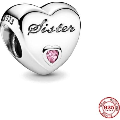 New Original Silver Color Heart Shape Sister With Pink Bead Fit European Pandora Charms Bracelet Bangles Diy Jewelry P154