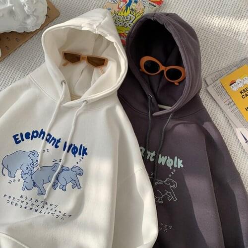 New Japanese Fashion Kanji Elephant Cartoon Hoodies Sweatshirt Women Long Sleeve Tops 2021 Autumn Hip Hop Harajuku Teens Clothes