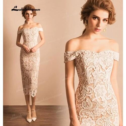 New Exquisite Nude Lace Mother of the Bride Dresses Mid Calf Length Strapless Off Shoulder Sleeves Wedding Party Dresses