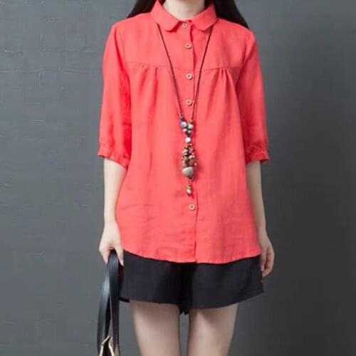 Cotton Linen Women Shirts 2021 Summer New Turn-Down Collar Half Sleeved Loose Casual Solid Female Shirts Outwear Coat Tops
