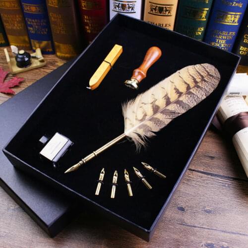 Owl feather craft pen with sealing wax stamp pack in high quality black gift box