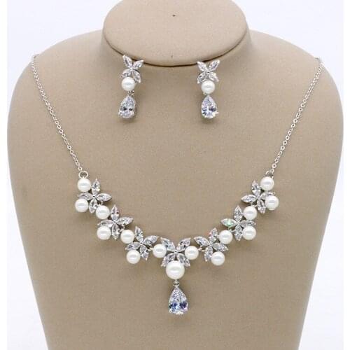 SLBRIDAL Pave Setting Copper Alloy Wedding Pearls Cubic Zirconia Jewelry Set Bridal CZ Necklace Earring Set Party Women Jewelry