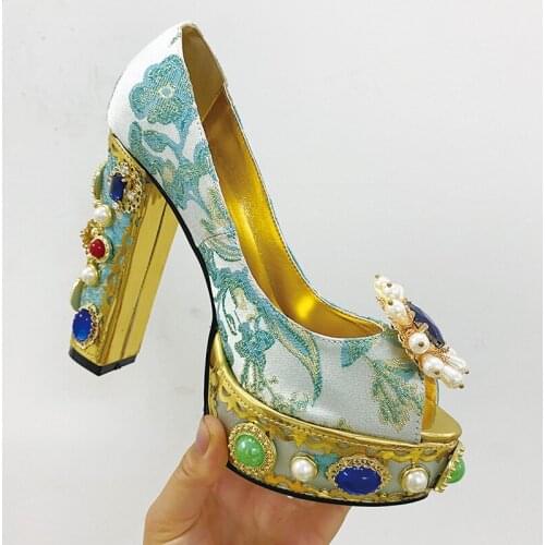 Luxury Jeweled Crystal Chunky Heel Platform Pumps Floral Jacquard Satin Peep Toe Wedding Shoes Women Summer Gemstone High Heels