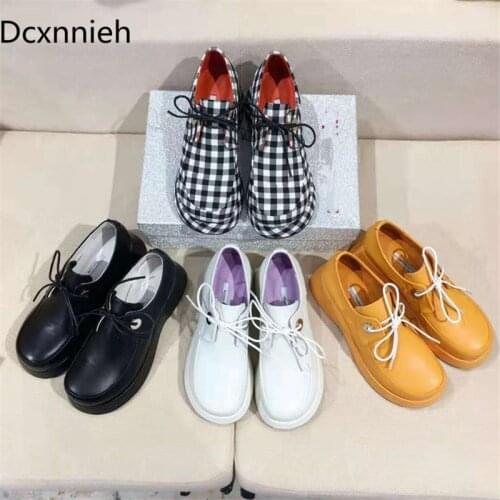 Woman Fashion Black and White Plaid Thick-soled Casual Shoes Genuine Leather Round Toe Women Party Shoes Lolita Girls Party Shoe