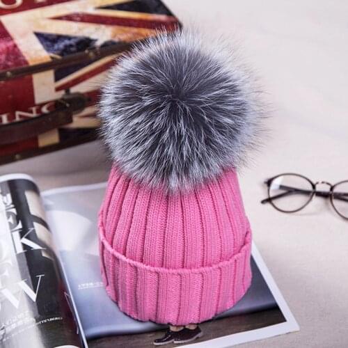 New Women Winter Fox Fur Pom Poms 12cm Ball Knit Beanie Ski Cap Bobble Hat