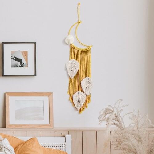 Yellow Macrame Wall Hanging Moon Dreamcatcher Boho Handmade Woven Leaves Tapestry Home Decor For Kids Room Party