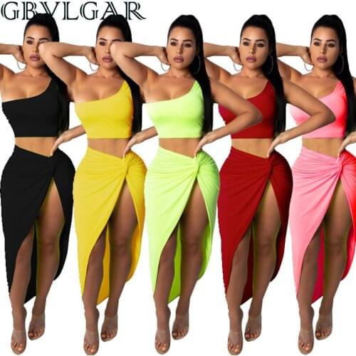 GBVLGAR 2020 Summer Women 2 Pieces Sets Skirts Female Irregular Skew Collar Crop Top Long Skirt Two Piece Set Ladies Suits