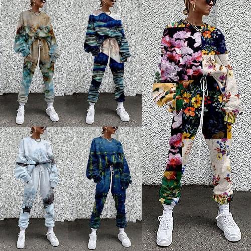 2021 Oversize Printed Women Tracksuit Hoodies Lady Girls 2 Piece Set Sweatshirt + Pants Women Sport Suit Winter Sportswear Tops