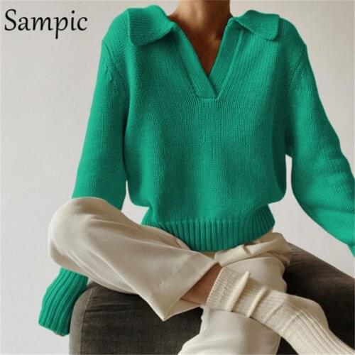 Sampic 2021 Casual Pull Jersey Knitted Winter Long Sleeve Pullovers Sweater Women Clothing Tops Y2K Fashion Basic V Neck Sweater