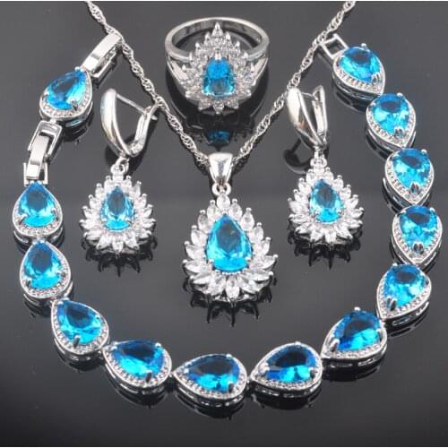 2020 New Water Drop Sky Blue White CZ Silver Color Women Jewelry Sets Bracelet Necklace Pendant Earrings Ring QS0393