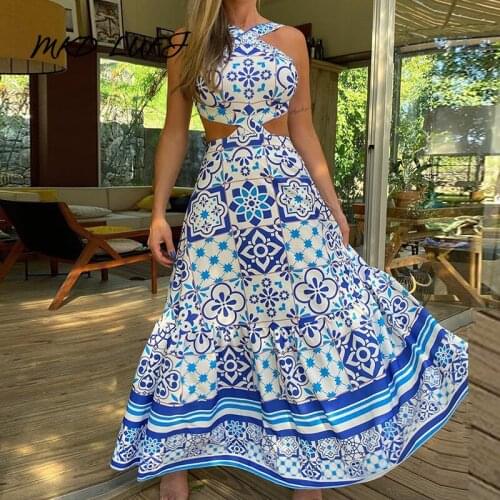 Halter Ethnic Print Sexy Cutout Maxi Dress Women
