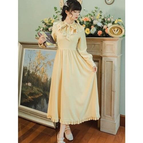 Retro Literary college style Dress Women Spring Autumn2021 Long-Sleeved Lace Stitching Ruffled Bow Tie Sweet Kawaii Dress Female