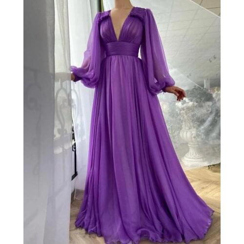 2021 Purple Chiffon Evening Dresses Long Puffy Sleeves V Neck Formal Evening Party Dress Robe De Soiree