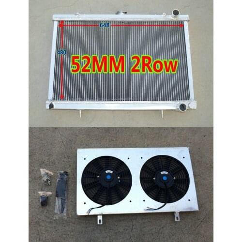 2row 52mm Aluminum Radiator + shroud + fans for Nissan Silvia Skyline S13 CA18 R32 GTE/GTS/GTR RB20/RB26 89-94 90 91 92 93