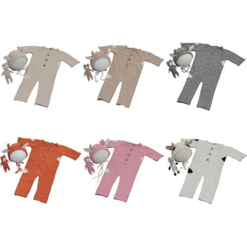 3 Pcs Baby Knitting Cow Hat Animal Doll Romper Set Handmade Crochet Mohair Beanies Cap Bodysuit Newborn Photography clothing