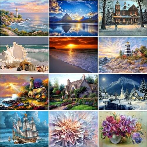 DIY 5D Diamonds Painting Seaview Beach House Diamond Embroidery Tree Flower Cross Stitch Full Round Drill Mosaic Home Decor Gift