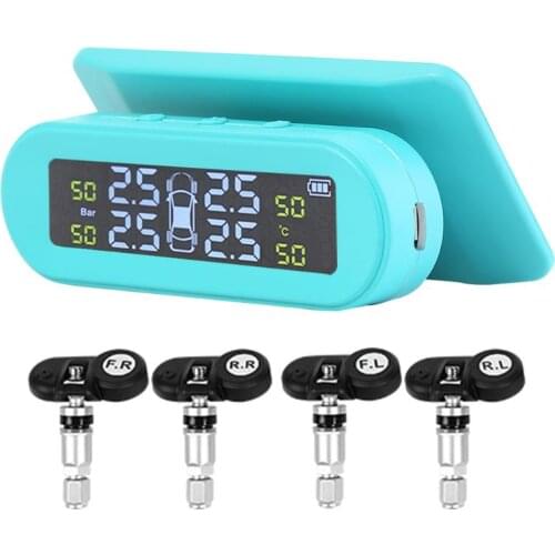 Auto Tire Pressure Monitor Environmental Protection and Durability T05 Car Solar and USB Charging with 4 Sensors Blue