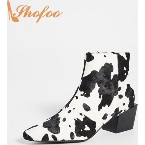 Cow Pattern Ankle Boots High Chunky Heels Pointed Toe Booties Woman Zipper Large Size 1215 Ladies Mature Fashion Shoes Shofoo