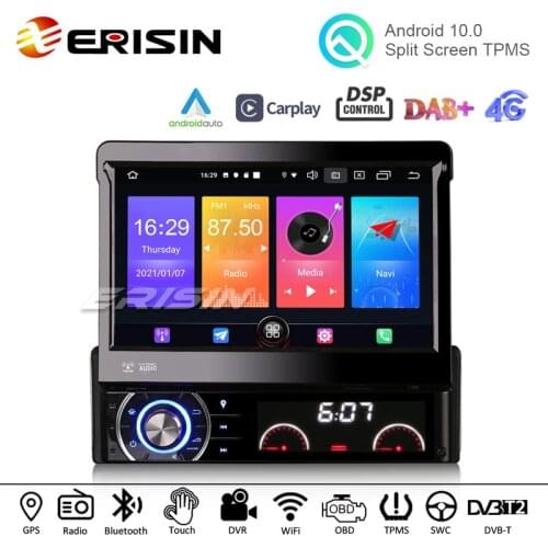 Erisin 2790 7" 1 Din Android 10.0 Car DVD Player GPS Navigation TPMS BT WiFi DAB Radio Built-in 4G Wireless Apple Carplay