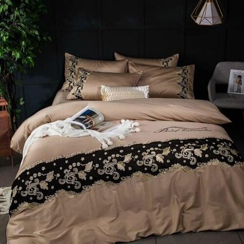 Coffee 100S Egyptian Cotton Embroidery Luxury Royal Bedding Set 4/6pcs King Queen Wedding Bed Sheet set Duvet cover Pillowcase