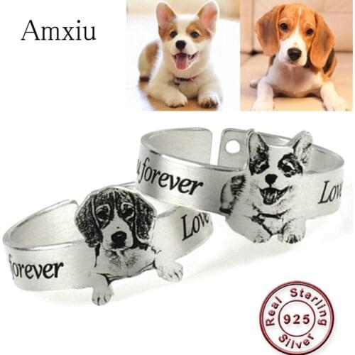 Amxiu Personalized Family Picture Ring 925 Sterling Silver Open Ring Custom Pet Cat Dog Photo Rings For Men Women Souvenirs Gift