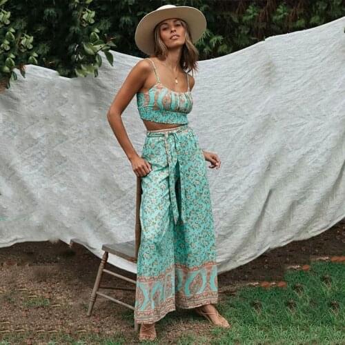 Hirigin Spaghetti Strap Jumpsuit Rompers Women Floral Print Boho Jumpsuit Overalls High Waist Green Jumpsuits Wide Leg 2021