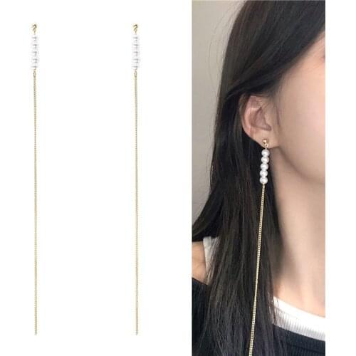 Korean Cute Simple Long Pearl Tassel Pendant Drop Earrings for Women Girl Teens Ear Jewelry Gift Earrings 2021 Trend New Arrival