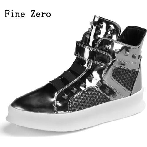 Winter Britsh Rivet High Top Shoes Street Personality Shiny Skateboarding Shoes Outdoor Sports Shoes Hook Loop Mens Sneaker