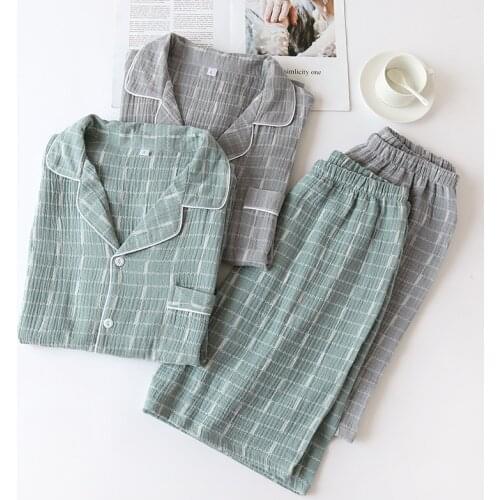 Summer Cotton Crepe Pajamas Mens Thin Short-Sleeved Shorts Leisure Suits Double-Layer Gauze Loose Pyjamas Men 2 Piece Set Pijama