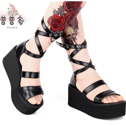 Princess sweet lolita shoes Darkness Gothic wind Thick-bottomed muffin sandals with ribbons custom shoes fashion women pu6003