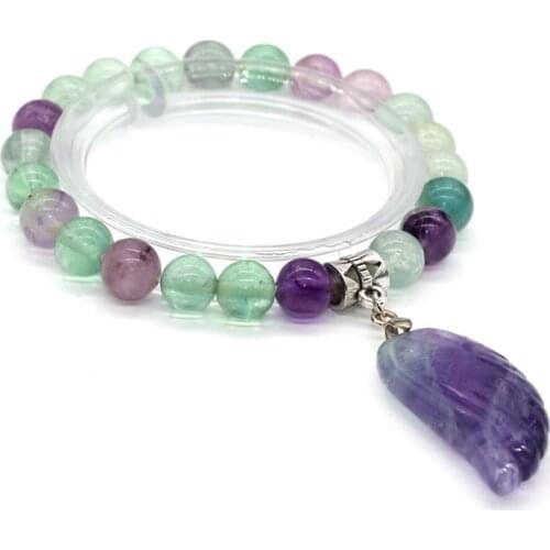 Trendy-beads Natural Fluorite Stone Feather Silver Plated Jewelry 8 mm Round Beads Stretchy Bracelet
