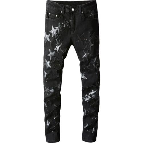 Mens Leather Stars Patch Jeans Black Stretch Denim Pencil Pants Slim Skinny Patchwork Trousers