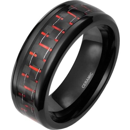 8mm Black Ceramic Ring Men Red Carbon Fiber Inlay Engagement Rings Wedding Band Women Rings Comfort Fit Male anel masculino