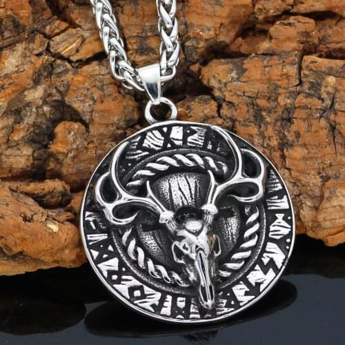 Noridc Viking Deer Rune Stainless Steel Necklace For Men With Valknut Gift Bag
