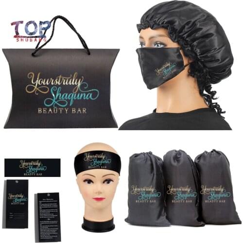 New Custom Logo Virgin Hair Bundle Packaging satin mask/Satin Bags/ Hang Tag / Sticker Hair Bundle Wraps/Bonnets/Headband