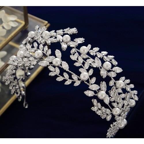 Sparkling Cubic Zircon Wedding Crowns Headbands Crystal & Pearls Evening Hairbands Brides Hair Accessories Prom Jewelry