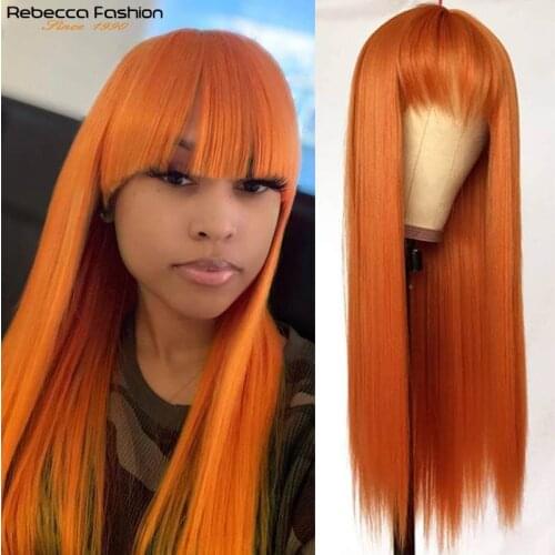 Orange Ginger Straight Wig With Bangs Brazilian Remy Straight Human Hair Wig Pre Plucked For Women Highlight Orange Straight Wig