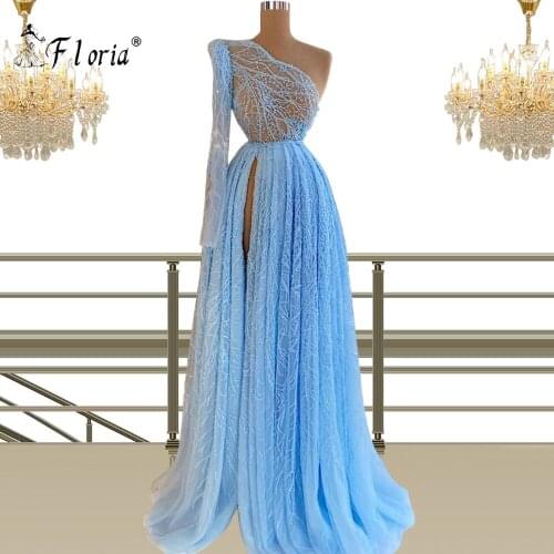 Fairy Blue Prom Dresses Long Sleeve Off the Shoulder Princess Dress 2021 Tulle Lace-up Formal Evening Party Dresses Plus Size