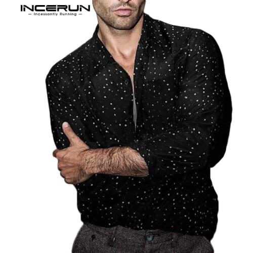 INCERUN Men Leisure Polka Dot Printed Shirts Long Sleeve Lapel Collar Blouse Fashion Button Camisa Man Casual Breathable Blusas