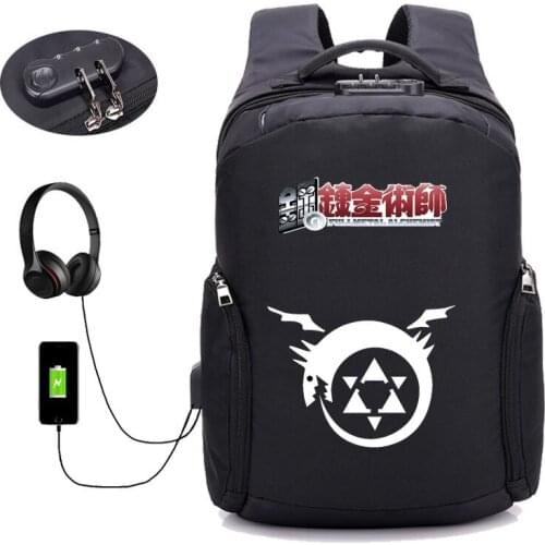 Anime Fullmetal Alchemist backpack USB external hole men women Travel Bags boy girl Laptop Backpacks student book backpack