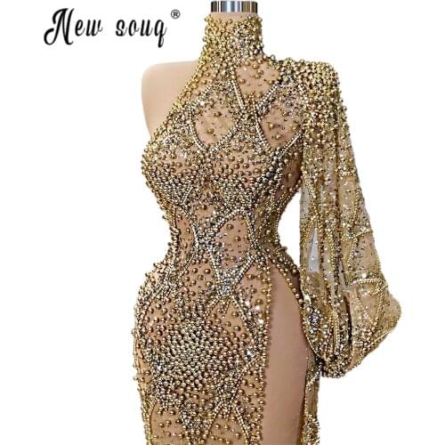 Gold Elegant Beads High Neck Evening Dress 2021 Long Sleeve Mermaid Vestidos De Fiesta Arabic Red Carpet Runway Gowns Robes