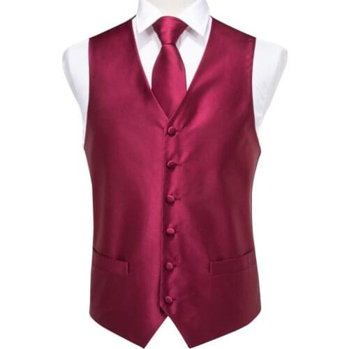 Hi-Tie High Quality Silk Mens Waistcoat Vest Tie Set Classic Party Wedding Red Vest Pocket Square Cufflinks Tie Suit Set VE-004