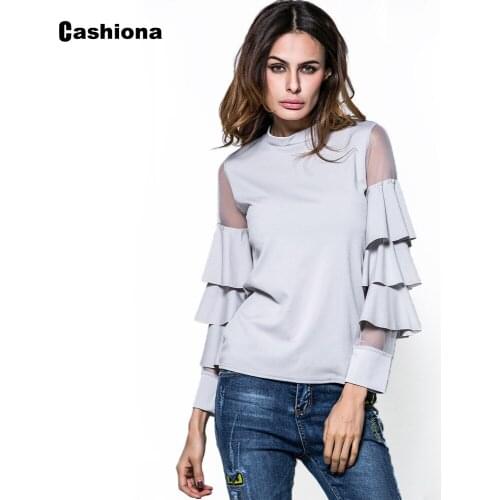 Office Lady Elegant Leisure Casual T-shirt Model Flare Sleeve Hollow Out Womens Top 2021 Summer New Patchwork Mesh Shirt Femme