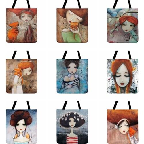 Ladies Shoulder Bag Outdoor Beach Bag Foldable Shopping Bag Big-eyed Girl Oil Painting Print Tote Bag For Women Casual Tote