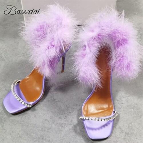 Fairy Style Feather Banquet Shoes Woman 10cm Thin High Heels Square Open Toe Jeweled Rhinestone Summer Sandals Women