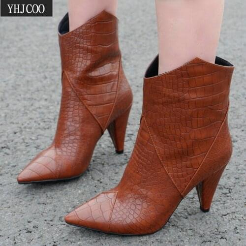 2020 High Quality PU Leather Ankle Boots for Women High Heel Fashion Sexy Pointed Toe Slip On Black Women Boots Botines Mujer 43