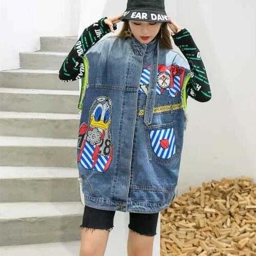 Denim vest women new spring and autumn cartoon beaded sequins loose sleeveless long denim jacket Y603